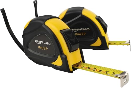 Image of Amazon Basics Self-Locking Tape Measure, 25ft (8-Meters), Accurate Dual Scale inch /Metric, MID Accuracy, Extendable, Yellow, 2 Count (Pack of 12)