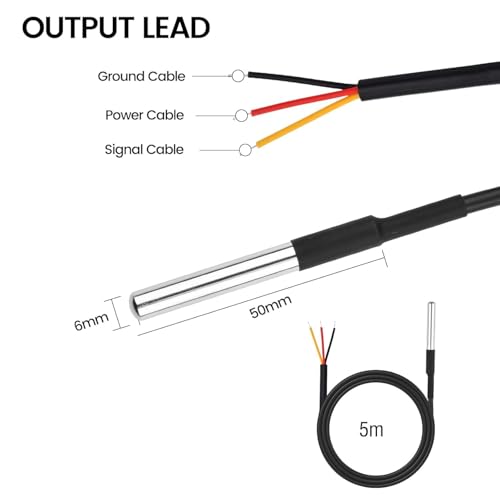 Image of Diymore DS18B20 Temperature Sensors, 5pcs 5M Waterproof Digital Probes with Stainless Steel Cable for Arduino, Raspberry Pi & Shelly Projects