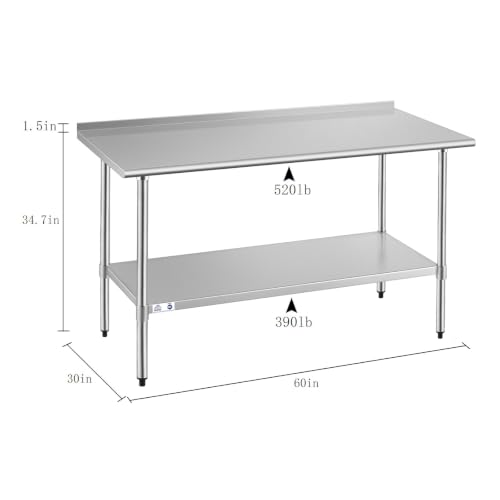 Image of ROCKPOINT Stainless Steel Table for Prep & Work with Backsplash 30x60 Inches, NSF Metal Commercial Kitchen Heavy Duty Table with Adjustable Under Shelf and Table Foot for Restaurant, Home and Hotel