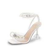 DREAM PAIRS Stiletto Bow Heels for Women Strappy Sparkly Rhinestone Square Toe Clear Crystal High Sandals for Party Wedding,Size 7.5,White-Pearl,SDHS2481W