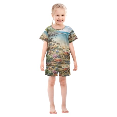 ALAZA Ocean Sea Crab Reef Turtle Pajamas Set Short Sleeve Cotton Sleepwear Summer Pjs 2 Piece 5-14Y3