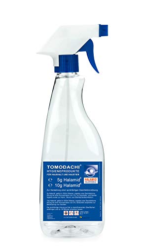 Giardien, Katze, Halamid Desinfektion, 10g Halamid für 2 prozentige, sprühfertige 500ml Desinfektionslösung zur Giardienbekämpfung. Mit Leitungswasser auffüllen, vor Gebrauch schütteln, desinfizieren.