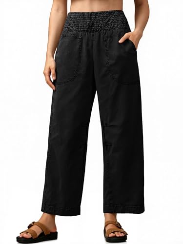 Cicy Bell Womens Smocked Barrel Jeans Casual Trendy High Waisted Baggy Pull On Denim Pants Black