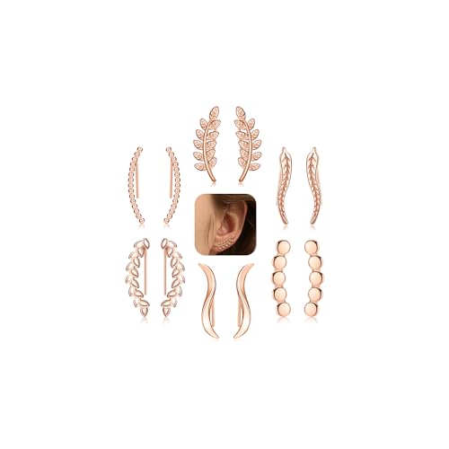 FIBO STEEL 6 pares de aretes de oruga para mujer, aretes de puño de hoja de plumas lineales onduladas, Oro rosa Acero aleado, Circonia cúbica FIBO STEEL 6 pares de aretes de oruga para mujer, aretes de puño de hoja de plumas lineales onduladas, Oro rosa Acero aleado, Circonia cúbica