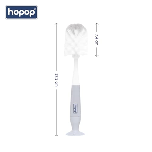 Image of Hopop Baby Feeding Bottle Cleaning Brush & Nipple Cleaner |2 in 1 Flexible Bristle Bottle Brush | Grooved Handle with Suction Base | Easy to Clean Narrow & Wide Neck Feeding Bottles | Grey
