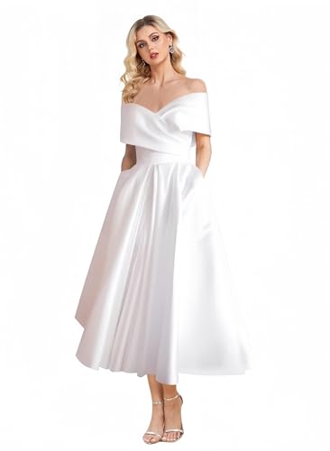 Image of Women's Off Shoulder Wedding Dress for Bride Tea Length A Line Satin Formal Prom Dresses with Pockets