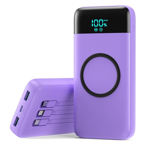 Wireless Portable Charger 10000mAh for iPhone with 3 Built-in Cables 7-in-1 15W Wireless Charging USB C Power Bank 25W PD Fast Charging Travel Essential Battery Pack for iPhone 17/16/15 Android-Purple