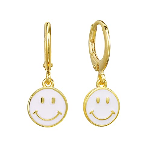 Women Earring Enamel Cute Round Smiley 925 Sterling Silver 18K Gold Dangle Jewelry for Girls(White)