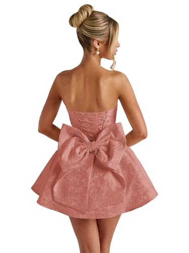 Image of Basgute Floral Jacquard Satin Short Homecoming Dresses for Teens A Line Strapless Formal Prom Evening Gown with Bow