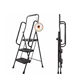 PROFI-PARTNER Sicherheitsleiter mit Handlauf – stabile 3-Stufen Haushaltsleiter mit Werkzeugtasche, extra breite Trittflächen, bis 150 kg belastbar, EN 14183 geprüft