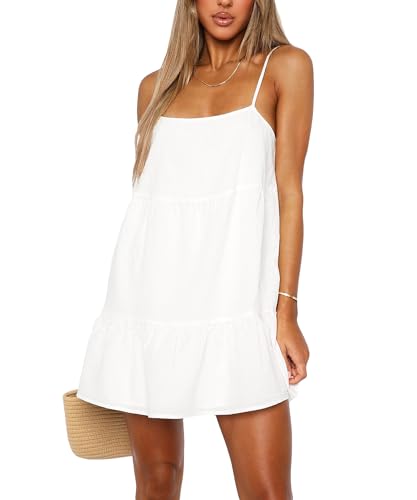 Coloquin Babydoll Dress for Women Spaghetti Strap Swing Dresses Sleeveless Short Flowy Dress Summer Loose Sundress White S