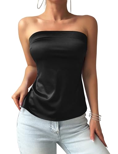ZAFUL Women Satin Strapless Tube Tops Side Split Sleeveless Backless Bandeau Top Going Out Bustier Tops Silk Tank Top