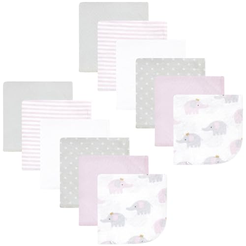 Image of Hudson Baby Unisex Baby Flannel Cotton Poly Washcloths, Lilac Elephants 12 Pack, One Size