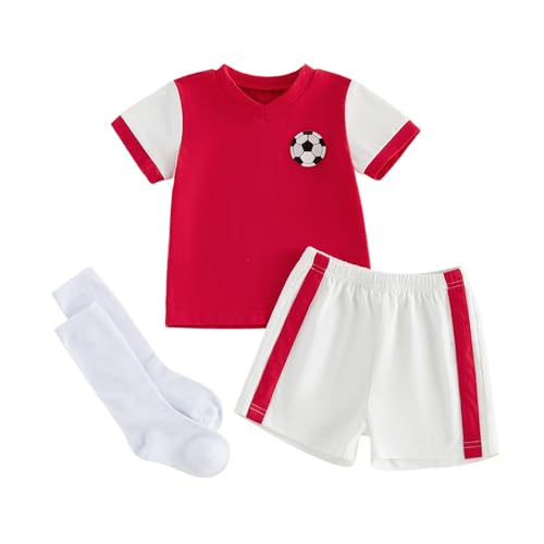 Image of XIXIMAON Kids Boys Summer Outfits Toddler Baby Boy Soccer Jerseys Football Embroidery Short Sleeve T Shirt Tops Contrast Color Shorts Set with Stockings (Red, 2-3T)