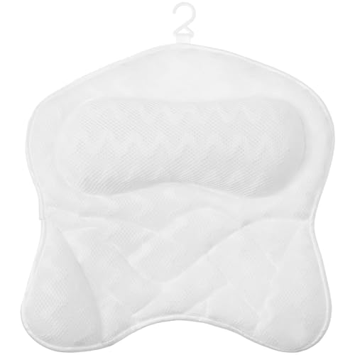 Bath Pillow, 4D Ergonomic Bathtub Spa Pillow Breathable Air Mesh Bathtub with 6 Suction Cup and Hook for Head, Shoulder, Neck and Back Support Fits All, Hot Tub and Home Spa(white)