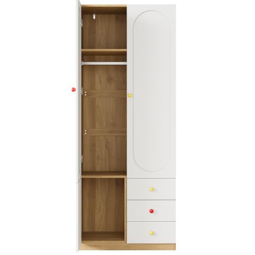 Merax Armadio con cassetti per cameretta dei bambini, bianco, finitura laccata, con asta appendiabiti e manici in ceramica colorata, 80 × 45 × 200 cm, armadio piccolo per vestiti per bambini
