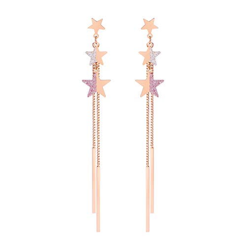 Jertom 14K Gold Plated Tassel Stud Earrings, Glitter Star Drop Dangle Long Earrings, Fashion Jewelry for Women Girls (Rose Gold)