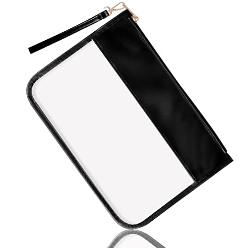 Izuzta Clear PVC Flat Pouch - Travel Makeup Bag With Wristlet, DIY Chenille Letter Bag, Waterproof Portable Toiletry Cosmetic Pouch for Women Girls (Black)