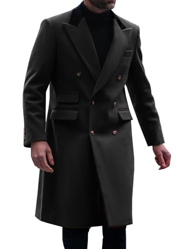 Runcati Mens Trench Coat Notch Lapel Double Breasted Casual Pea Coat Winter Warm Long Overcoat