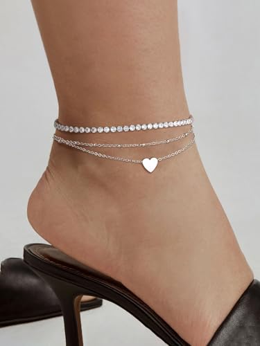 Image of FindChic Black /Silver /Gold Plated Anklets Set of 2PCS /3PCS Herringbone Chain Cuban Link Heart Charm Sparkling Tennis Ankle Bracelets, Waterproof Summer Foot Jewelry for Beach
