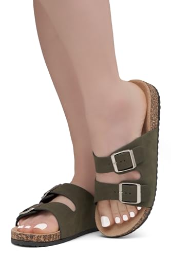 Image of Herstyle Womens Cork Footbed Slides for Women, Double Strap Flat Sandals, Adjustable Buckle Comfort Slip On Shoes, Summer Beach Casual Walking Slippers