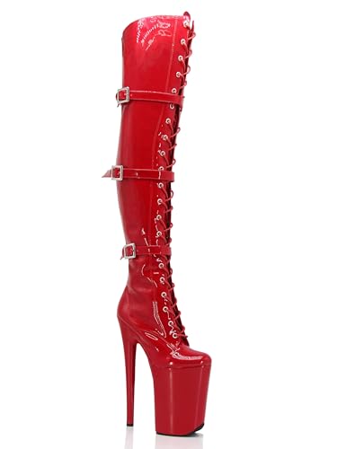 denova's Women's Patent 10in Very High Heel Platform Pole Dance Over-The-Knee Thigh High Boot with Zipper