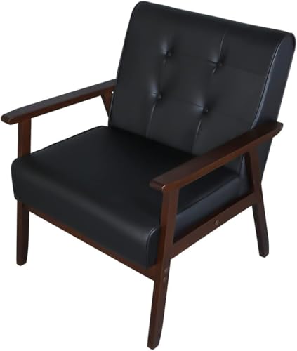AODAILIHB Black Mid Century Modern Leather Accent Chair, Small Office Couch Chair Love Seat with Wood Frame, Booth Seating Single Leather Chair for Waiting Room