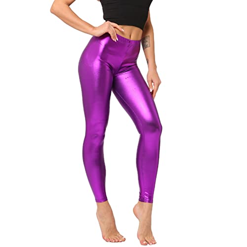 Aiihoo Leggings para mujer de piel sintética, cintura alta, ajustados, imitación de piel sintética, morado, Talla única