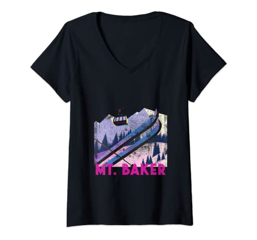 Donna Mt. Baker Ski - Vintage Style Monte Baker Vacanza Sci Maglietta con Collo a V