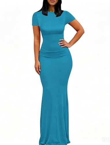 Image of Womens Summer Short Sleeve Square Neck Elegant Casual Lounge Bodycon Slim Maxi Evening Party Long Dress