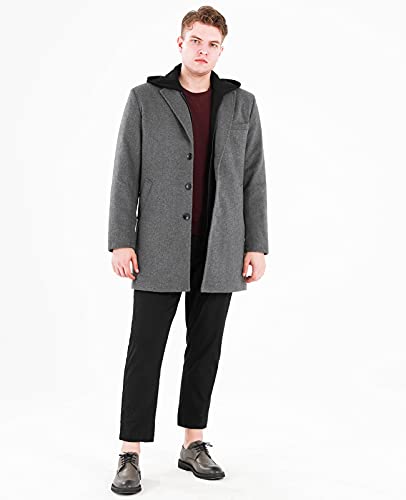 Image of Lisskolo Men's Wool Blend Overcoat with Detachable Hooded Trench Coat Hip Length