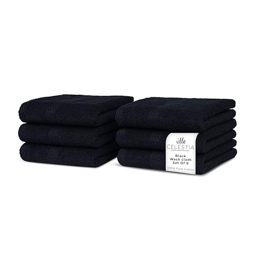 Image of Villa Celestia Cotton Washcloths Set of 6, 12x12 Inch, 100% Ring-Spun Combed Cotton, Soft Absorbent Quick-Dry Wash Cloths for Face and Body, Oeko-TEX Certified, Hotel & Spa Quality, Black
