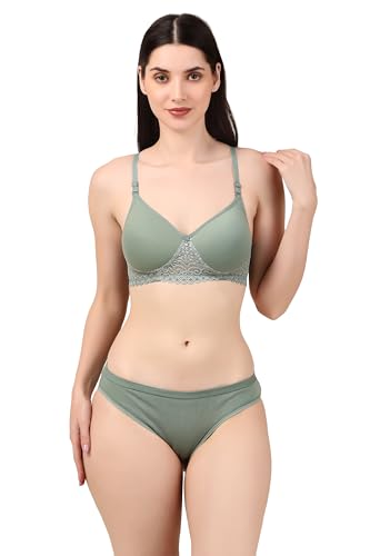 Image of ESAKI Women's Cotton Lace Lingerie Set | Padded Wire-Free Comfort Bra & Panty Combo | Everyday Essentials in Nude