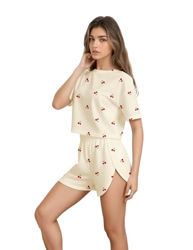 Image of Split Short Pajama Set Soft Women's Striped Pajama Sleeve Tee & Elastic Waist Shorts Lounge Sleepwear