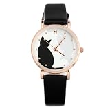 MAGICLULU Orologio da Polso Donna Gatto Cinturino in Pelle Sintetica Nero, Design Cartone Animato, Quadrante in Lega di Zinco, Comodo e Facile da Leggere per Ragazze