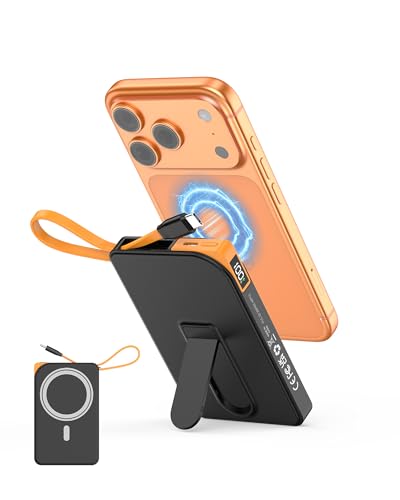 Power Bank für MagSafe iPhone 10000mAh, 3 in 1 Magnetische Schnellladen PowerBank for i-Phone 17/16/15/14/13/12, Wireless Powerbanks Handy mit integriertem USB-C Kabel & Ständer für Android Phone