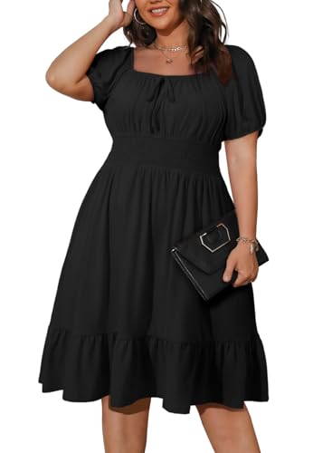 Image of Eytino Plus Size Dress for Women Short Sleeve Square Neck Casual Mini Short Dresses Beach Vacation (1X-5X)