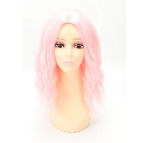 MXXWIG Pastel Wavy Wig Medium Length Fashion Finger Curly Natural Wavy Wig for Women with Heat Resistance Synthetic Fiber Colorful Wig for Cosplay Party Pink Wig with Free Wig Cap (14" Pink)