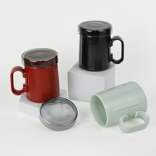 EurtAuro Designer's original handmade ceramic coffee mugs?Ceramics tea cup for office and home?Birthday gifts for men and women?mugs with lid?14.2oz (Cherry red)