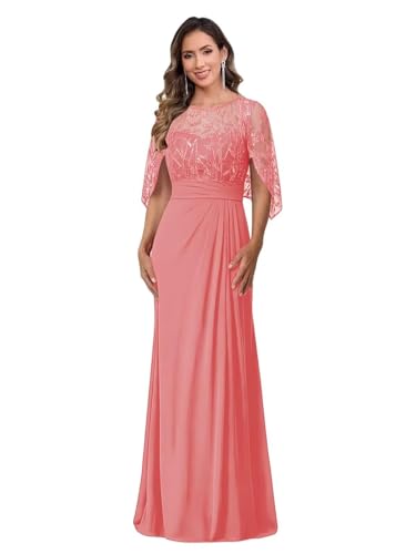 Image of Mother of The Bride Dresses - Long Chiffon Lace Appliques Cape Sleeve Ruched Waist Formal Evening Gown for Women