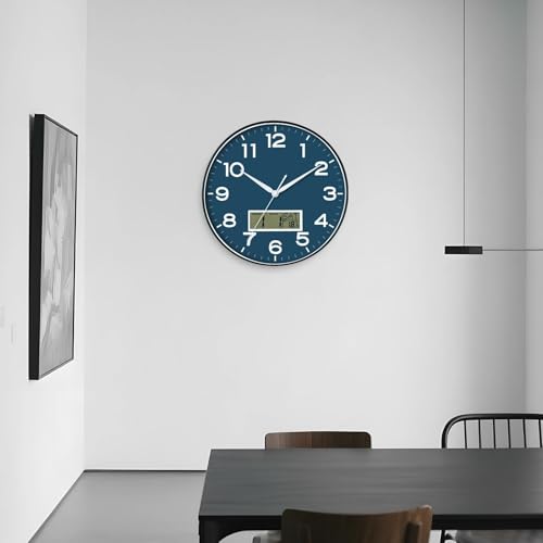 Image of AKCISOT Wall Clock 12 Inch, Non-Ticking Silent Battery Operated Analog with LCD Display for Perpetual Calendar and Temperature, Ideal Modern Decor for Home, Bedroom, Kitchen, Office (Blue)