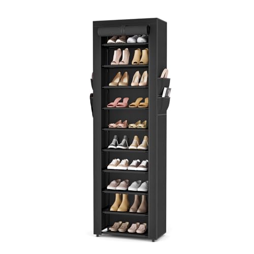VTRIN Vertical Narrow Shoe Rack Organizer 10 Tier Tall Shoe Shelf Holds 20-22 Pairs with Non-Woven Dustproof Cover for Closet, Entryway Black