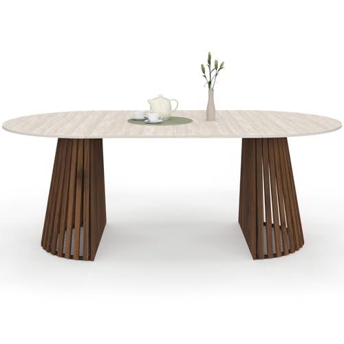 IDMarket   Mesa de comedor redonda extensible Carmen para 4 10 personas con patas de listones de nogal y mesa en imitación de travertino 110 200 cm