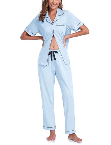 Image of COLORFULLEAF Women's 100% Cotton Pajamas Set Button Down Sleepwear Short Sleeve Shirt and Long Pants Soft Ladies Lounge Sets