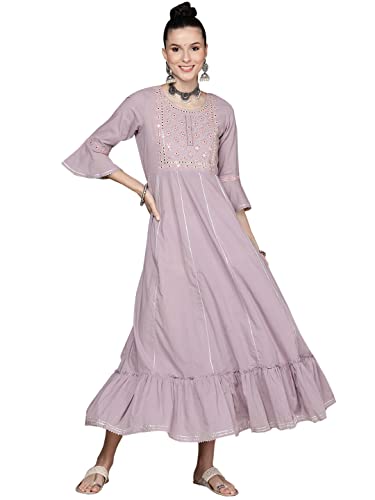 Image of anubhutee Women's Maxi Cotton Lavender Mirror Work Embroidered A-Line Indo Western Dress