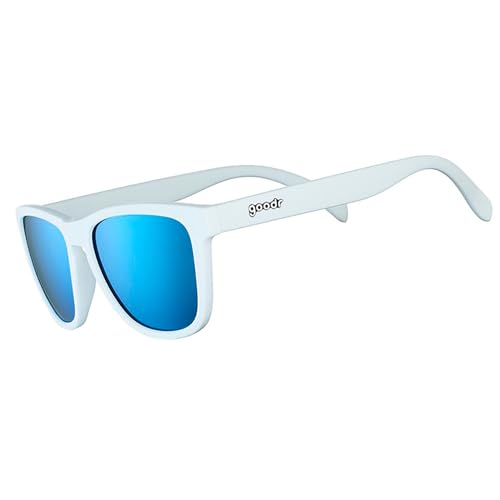 goodr Iced By Yetis Polarized Sunglasses for Men & Women, Medium Sized (OG), White Solid Frame with Blue Mirrored Reflective Lens, UV400 Protection, No Slip, No Bounce