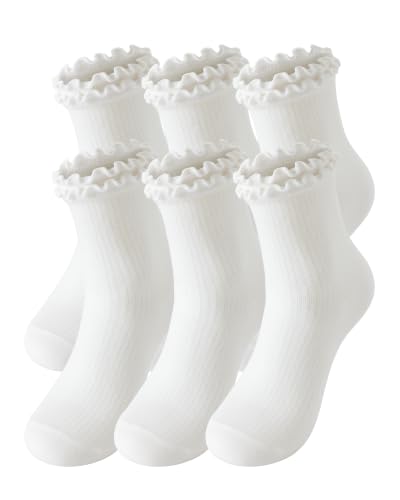 Image of DQCUTE Women's Ruffled Ankle Boot Socks - Soft Knit Cotton Lettuce Trim Crew Socks for Teen Women 6 Pairs