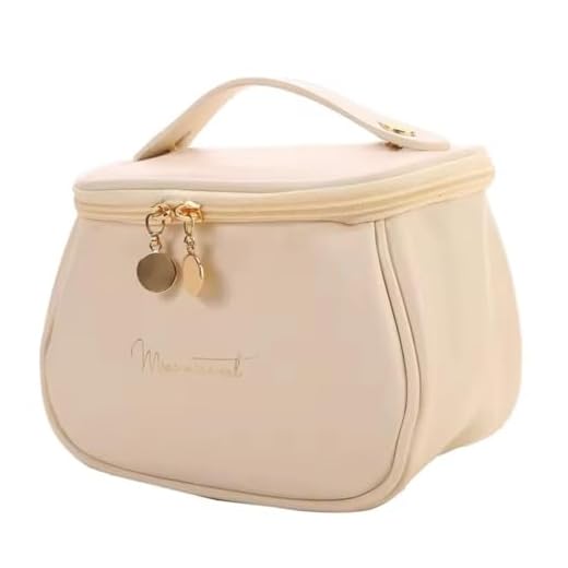 Necessaire Feminina De Maquiagem, Portatil De Grande Capacidade, Bolsa Multifuncional Para Cosmetico, Necessaire de Couro Sintético, com Alça e Zíper Elegante e Prática (Branco)