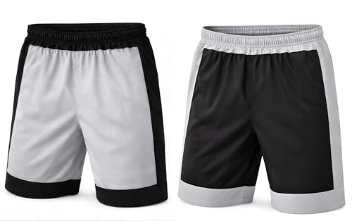 Image of Men's Athletic Shorts, Black and Grey Color Block Sports Shorts with Elastic Waistband