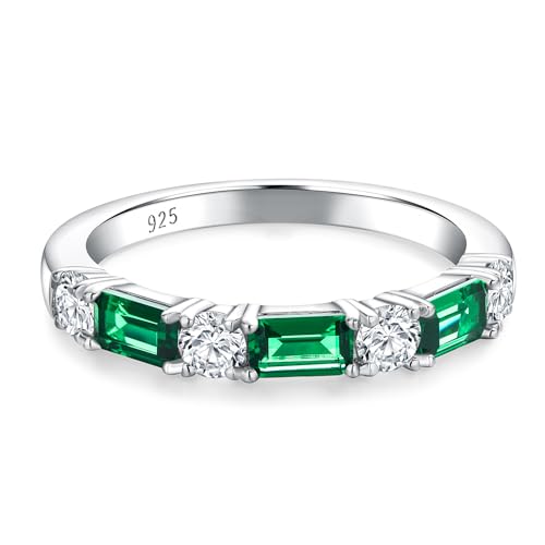RANDES 925 Sterling Silver Emerald Band Rings May Birthstone Promise Rings for Her 3mm Green Stone Half Eternity Womens Wedding Band Size 6